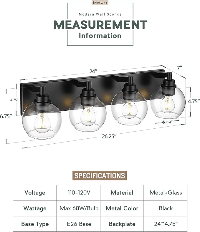 METWET Bathroom Light Fixtures, 4 Light Matte Black Vanity Light, 26 Inch - Image 3