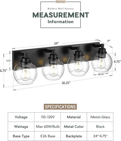 METWET Bathroom Light Fixtures, 4 Light Matte Black Vanity Light, 26 Inch - Image 3