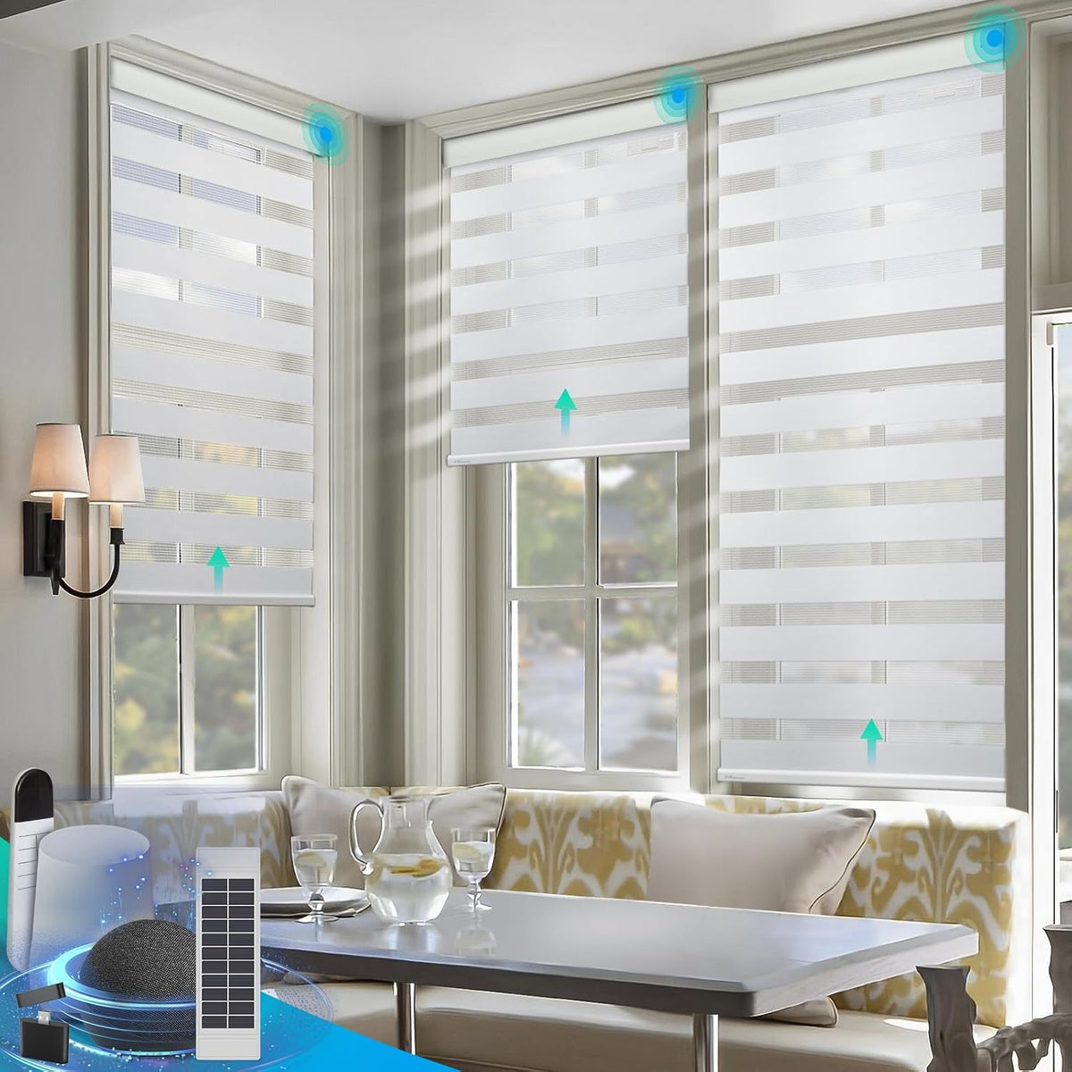 denfoon motorized zebra blinds with solar powered ，white, main product view