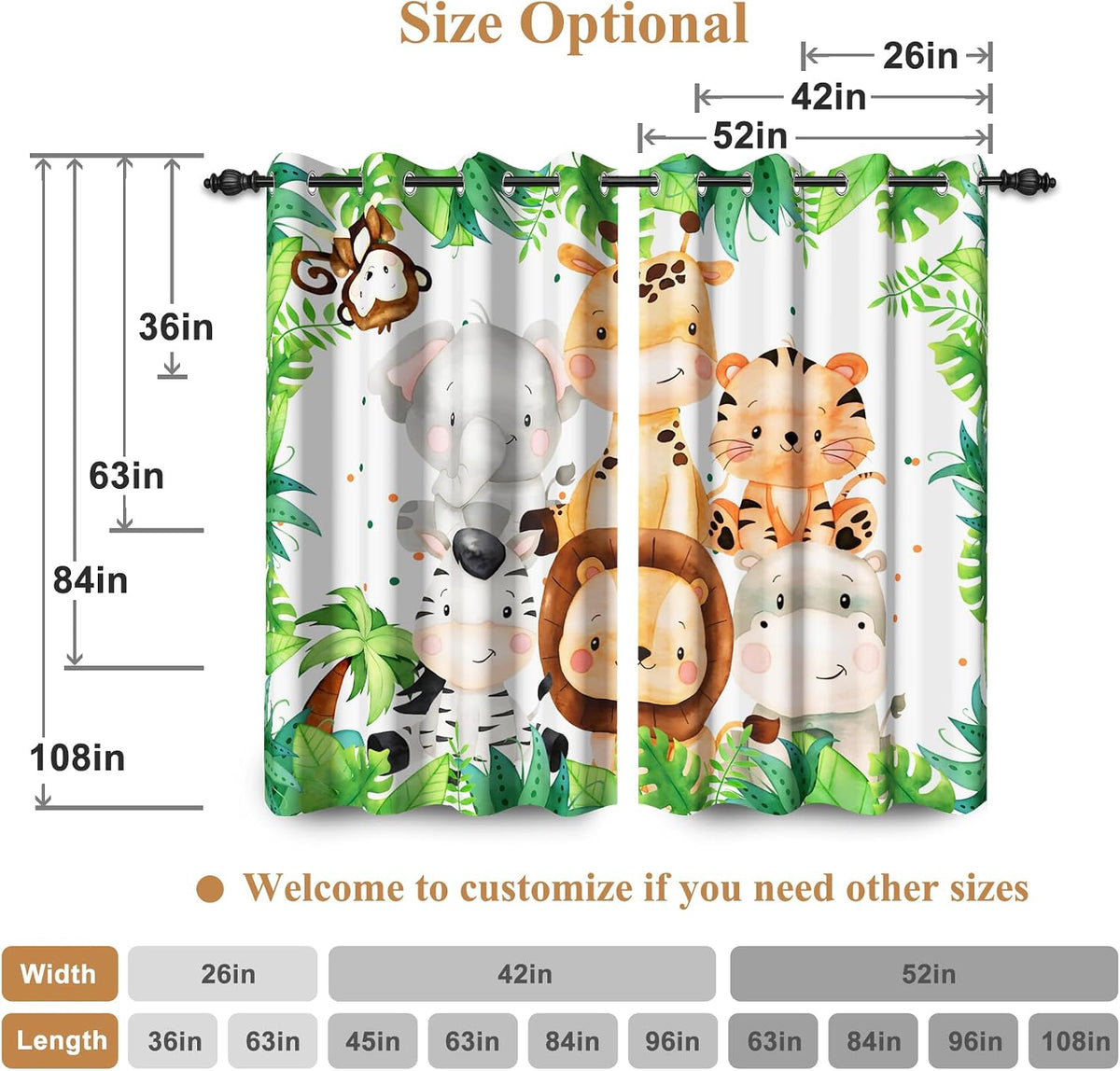 Renaiss 42 x 63 Inch Safari Animal Blackout Curtains for Kids Bedroom Tropical Rainforest Lions Tigers Elephants Giraffes African Jungle Plant Print Curtain Drapes for Baby Nursery Room Decor 2 Panels