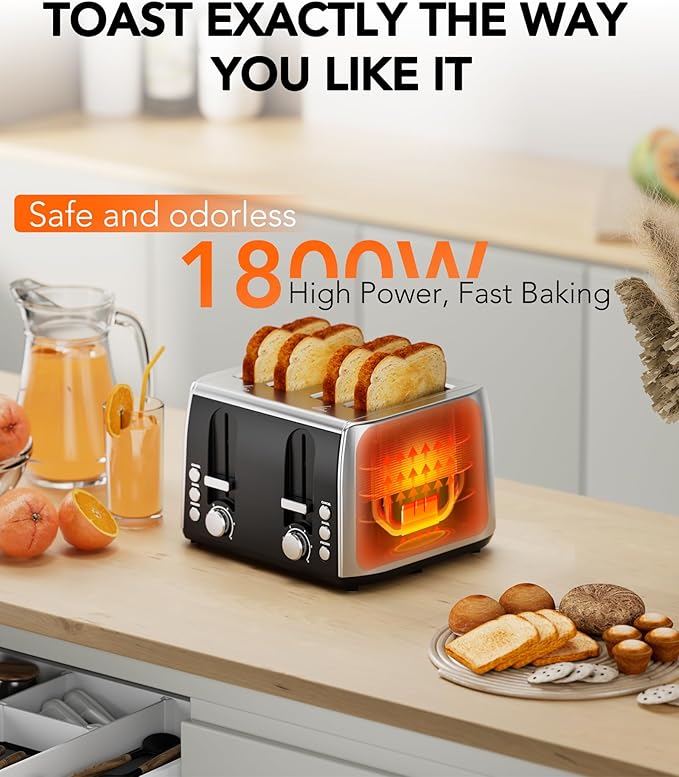 Cowsar Toaster 4 Slice Retro Stainless Steel, Compact 4 Slice Toaster - Image 2