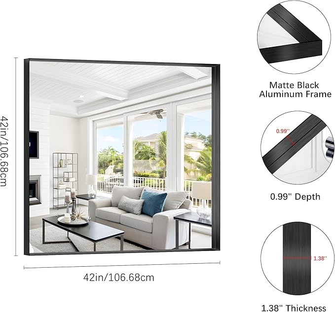 Black Bathroom Mirror, 42x42 Inch Rectangular Framed Mirror, Large Wall Mounted - Image 4