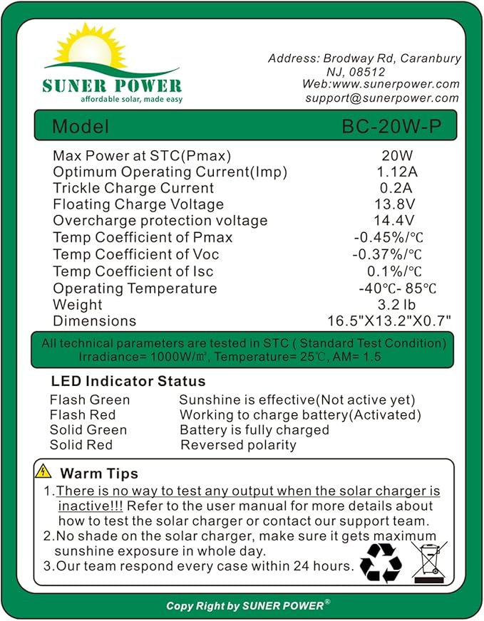SUNER POWER 20W 12V Solar Battery Charger Maintainer, Built-in Smart MPPT - Image 5