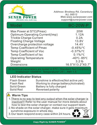 SUNER POWER 20W 12V Solar Battery Charger Maintainer, Built-in Smart MPPT - Image 5