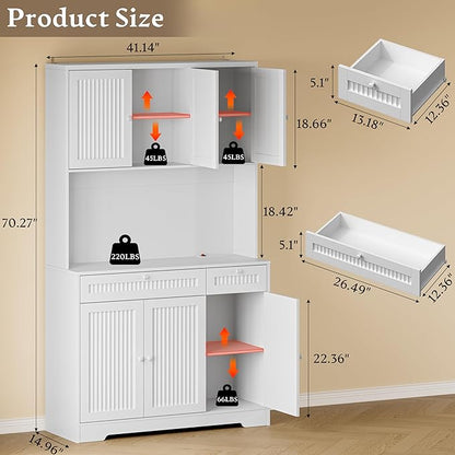 Pantry Cabinet with Charging Station and Light, Tall Kitchen Pantry Storage - Image 2