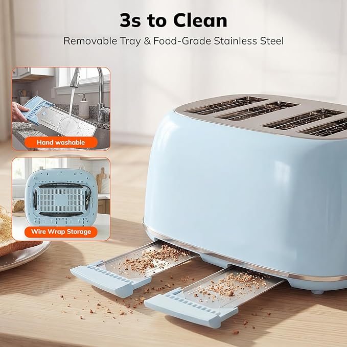 Keenstone Toaster 4 Slice, Retro Stainless Steel Wide Slot Toaster - Image 8