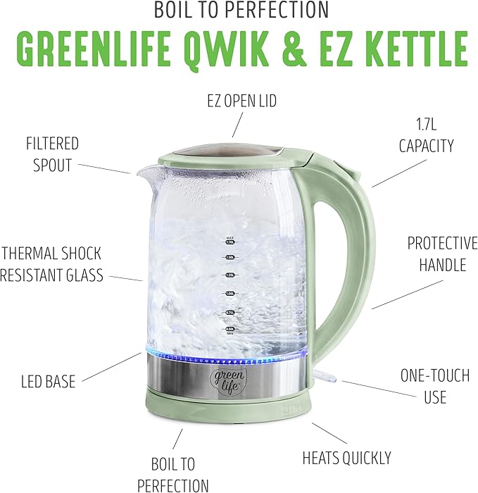 GreenLife 1.7 Liter Glass Electric Kettle, Easy One Touch Use, Quick Heating - Image 3