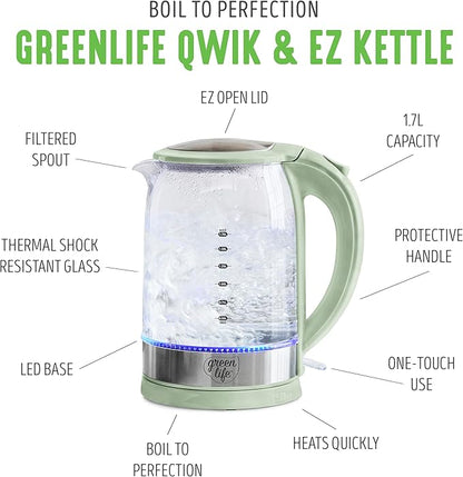 GreenLife 1.7 Liter Glass Electric Kettle, Easy One Touch Use, Quick Heating - Image 3