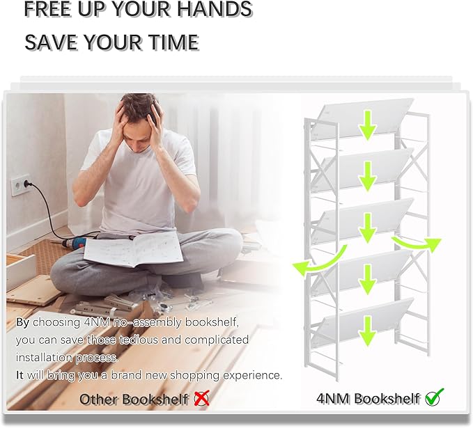 4NM 6 Tiers No Assembly Book Shelves, 61.8" H Folding Bookshelf Bookcase Open - Image 7