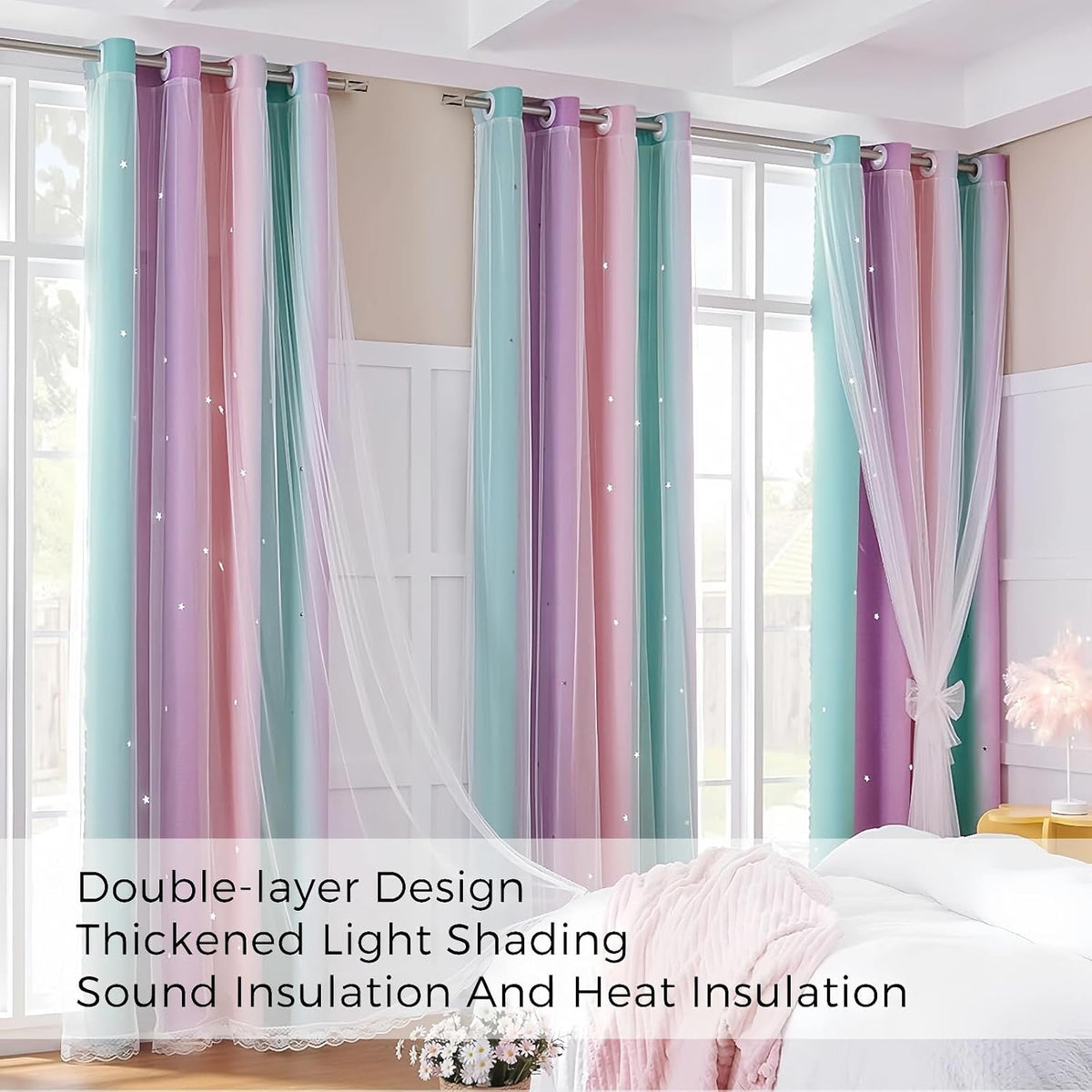 Star Cutout Blackout Curtains, Pink Purple Blue, W52 x L63 Inch | 2 Panels, Outer Sheer Layer, Rainbow Ombre Unicorn Princess Decor, Top Grommets, Ideal for Girls Bedroom Kids Room Nursery