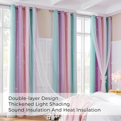 Star Cutout Blackout Curtains, Pink Purple Blue, W52 x L63 Inch | 2 Panels, Outer Sheer Layer, Rainbow Ombre Unicorn Princess Decor, Top Grommets, Ideal for Girls Bedroom Kids Room Nursery