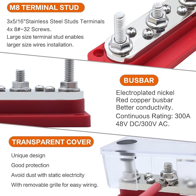 AMOMD 300A Bus Bars 3 Terminal Studs M8 4x8#-32 Screws Nickel Plated Copper - Image 3
