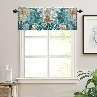 Nautical Turtle Curtains Valances for Bedroom Living Room,Starfish Curtains valance & Drapes Rod Pocket ,Seaweed Nautical Map Texture Valances for Kitchen Windows Curtain Over Sink 54x18in,1 Panel