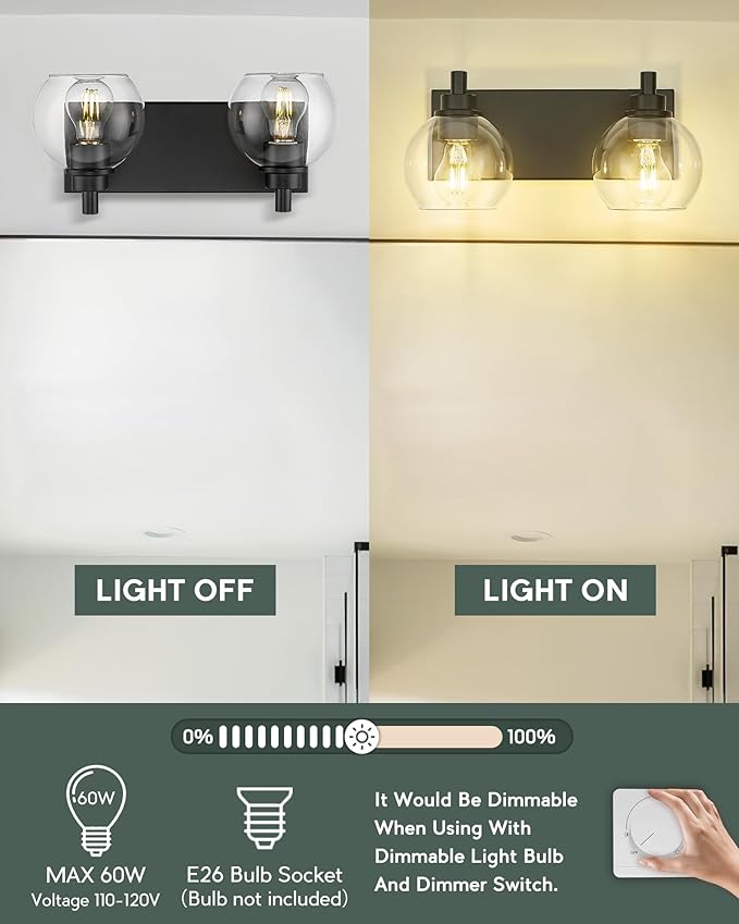 METWET Bathroom Light Fixtures, 2 Light Matte Black Vanity Light, Modern Wall - Image 8