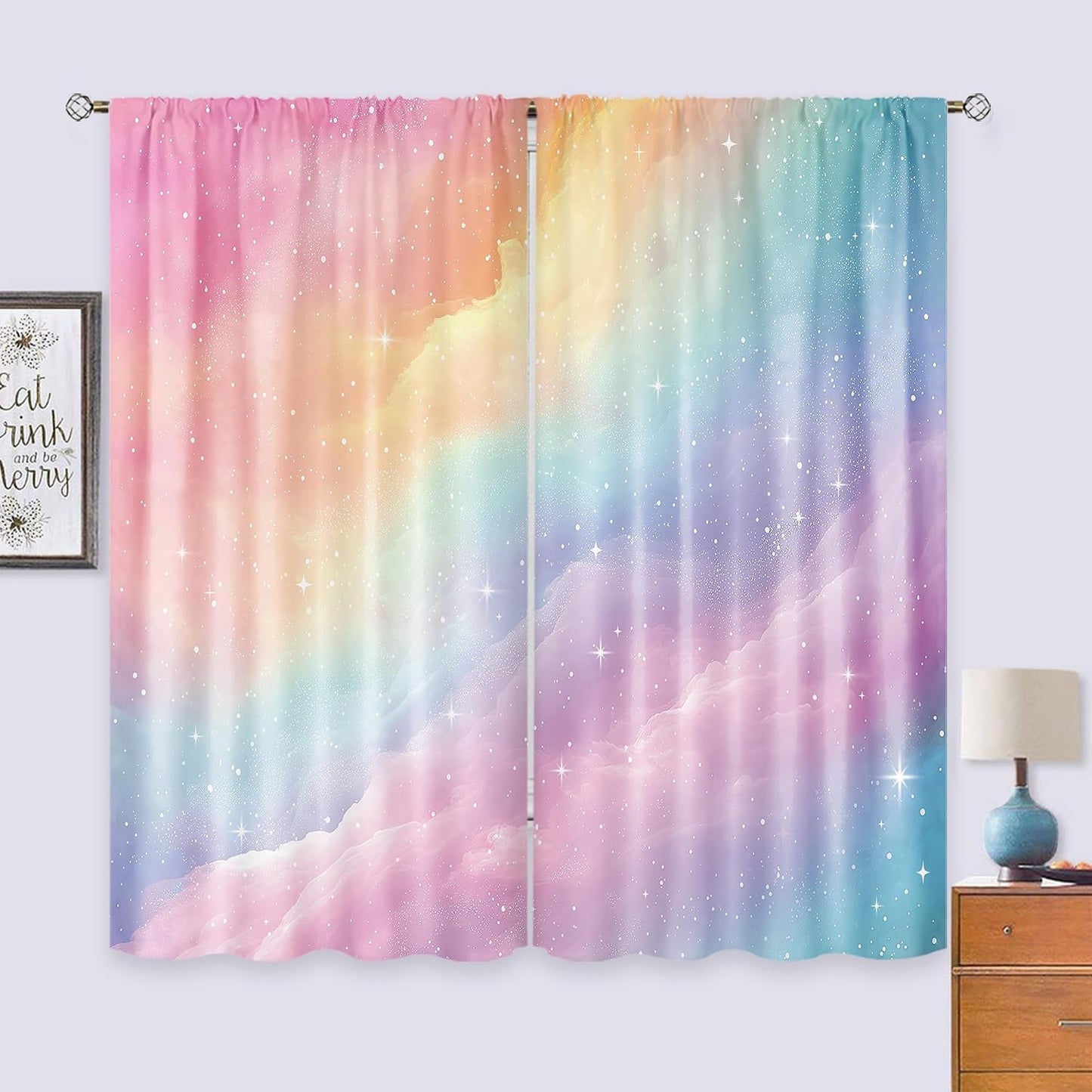 Colorful Rainbow Cute Kids Girls Girly Living Room Bedroom Window Curtains | 42"W x 63"L Galaxy Sky; fade-proof print, 2 panels, rod pocket, easy to install and washable.