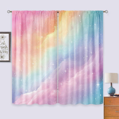 Colorful Rainbow Cute Kids Girls Girly Living Room Bedroom Window Curtains | 42"W x 63"L Galaxy Sky; fade-proof print, 2 panels, rod pocket, easy to install and washable.