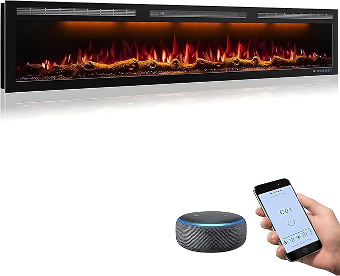 72 Inch WiFi-Enabled Electric Fireplace Inserts & Wall Mounted, Slim Electric by Mystflame