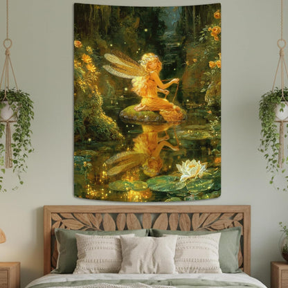 Lifeel Fairy Tale Tapestry, Dreamy Magic Forest Fantasy Water Lily Pond Tapestries Wall Hanging for Girls Bedroom Home Decor, Green 36x48 inches
