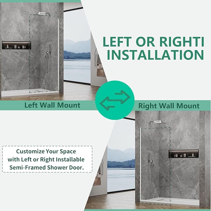 35"x74" Semi-Framed Shower Screen, Single Fixed Shower Glass Panel - Image 6