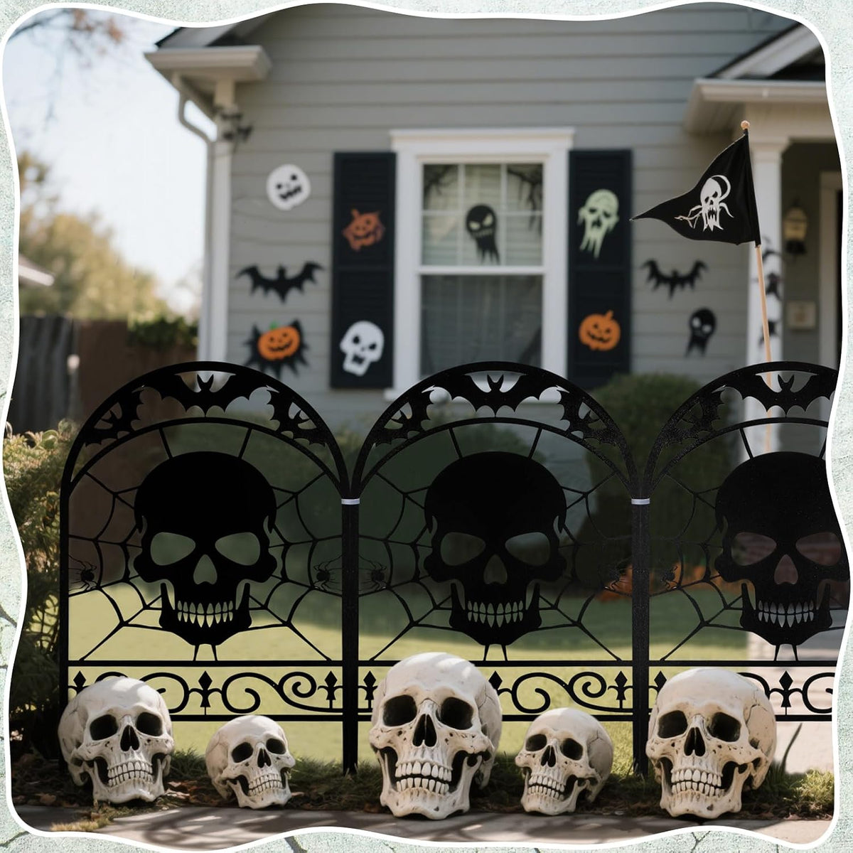 Yaocom 12 Pack Halloween Skull Fence, 16.5" H x 11.8" W Metal Outdo...
