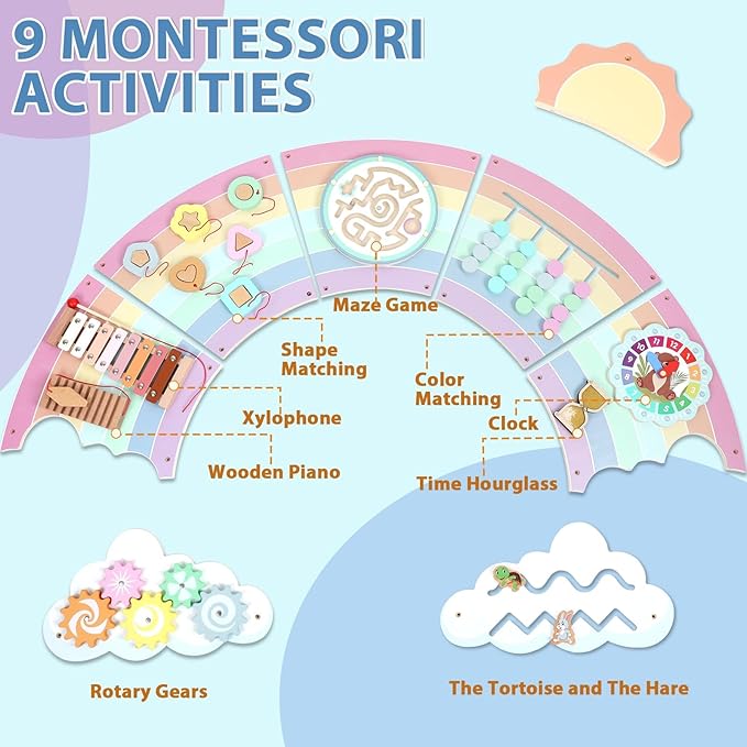 5FT Large Pastel Rainbow Wooden Activity Wall Panel - Image 3
