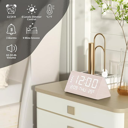 JALL Digital Alarm Clock, with Wooden Electronic LED Time Display, 3 Alarm - Image 2