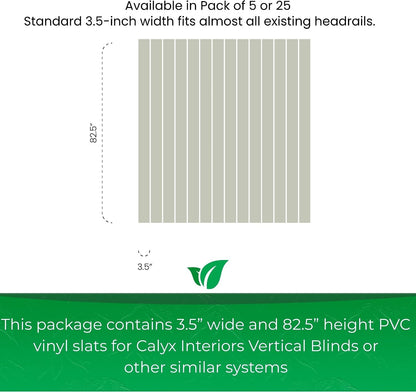 Calyx Interiors Vertical Blinds Replacement Slats, 3.5" W x 82.5" H, 5 Pack | Vertical Blinds Replacement Slats, White Heavy Duty PVC Vinyl Smooth Curved Slats, 3.5" Width x 82.5" Length, 5 Pack