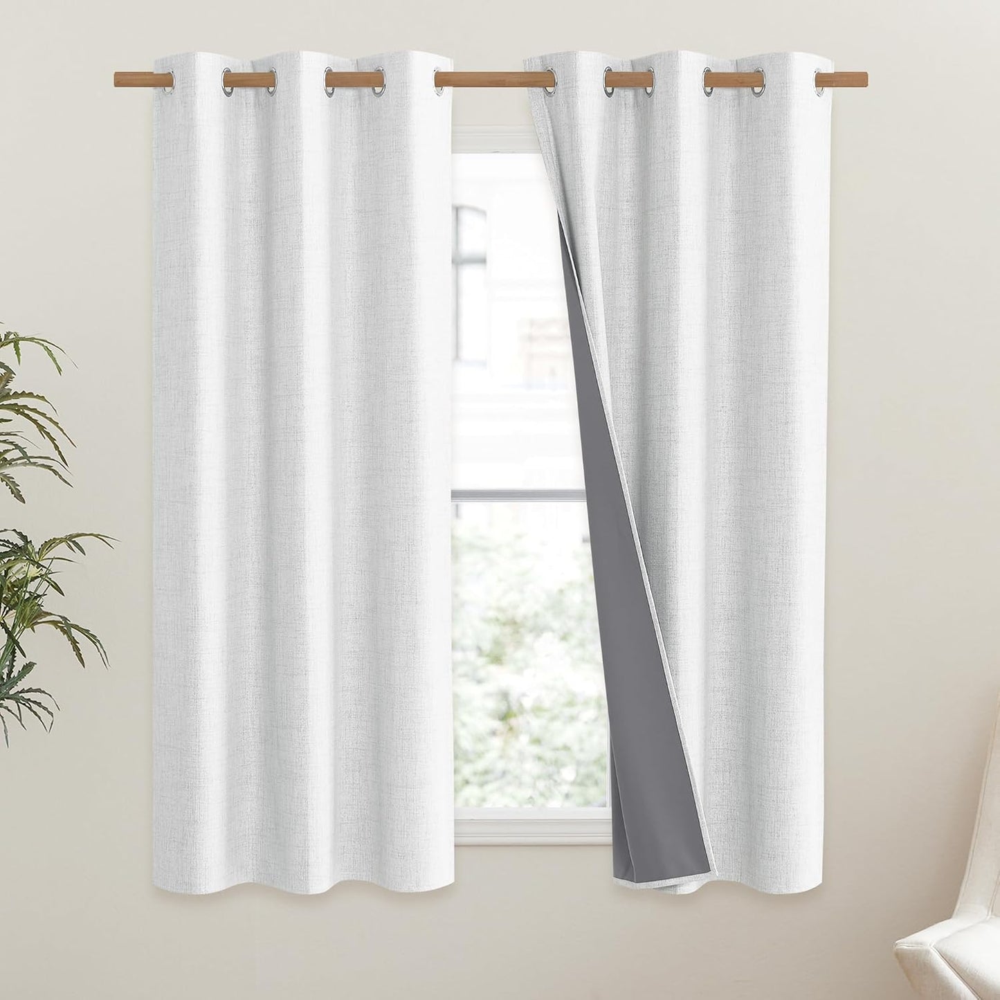 NICETOWN 100% Absolutely Blackout Linen Curtains with Thermal Insulated Liner, Greyish White, 42" Wide, 63" Length Energy Saving Curtains for Classroom 2 Panels Set, Vertical Blinds