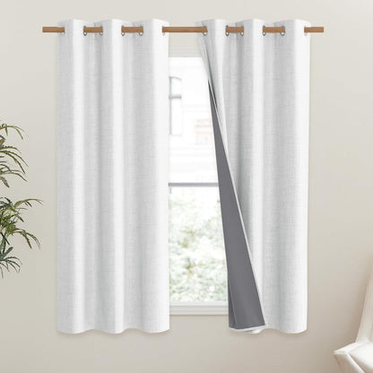 NICETOWN 100% Absolutely Blackout Linen Curtains with Thermal Insulated Liner, Greyish White, 42" Wide, 63" Length Energy Saving Curtains for Classroom 2 Panels Set, Vertical Blinds