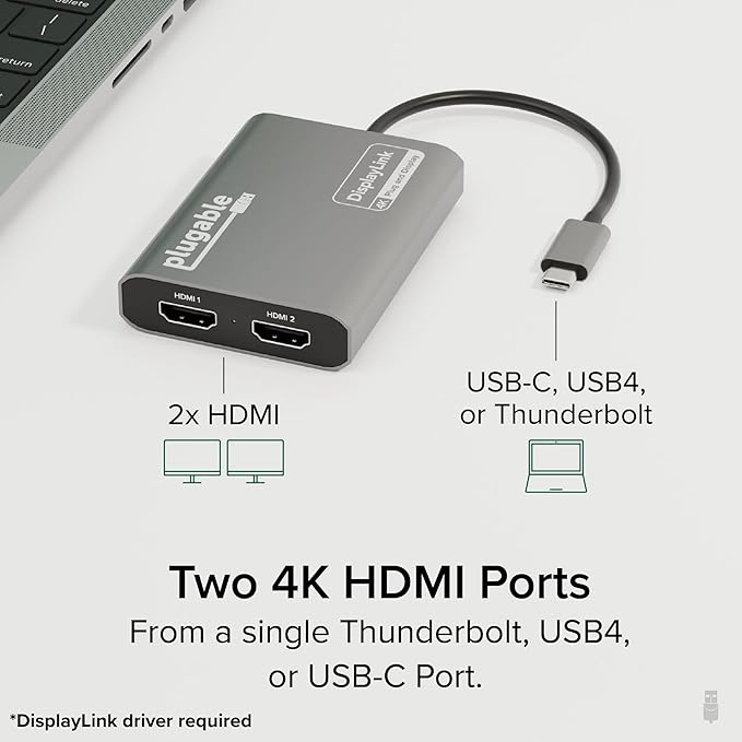 Plugable USB C to HDMI Adapter, Dual Monitor 4K 60Hz - Image 2