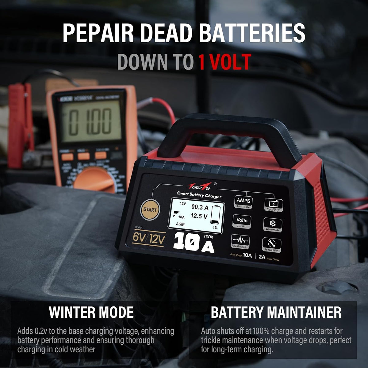 TowerTop Smart Car Battery Charger: 10A Battery Chargers 6V/12V Boat Battery ...