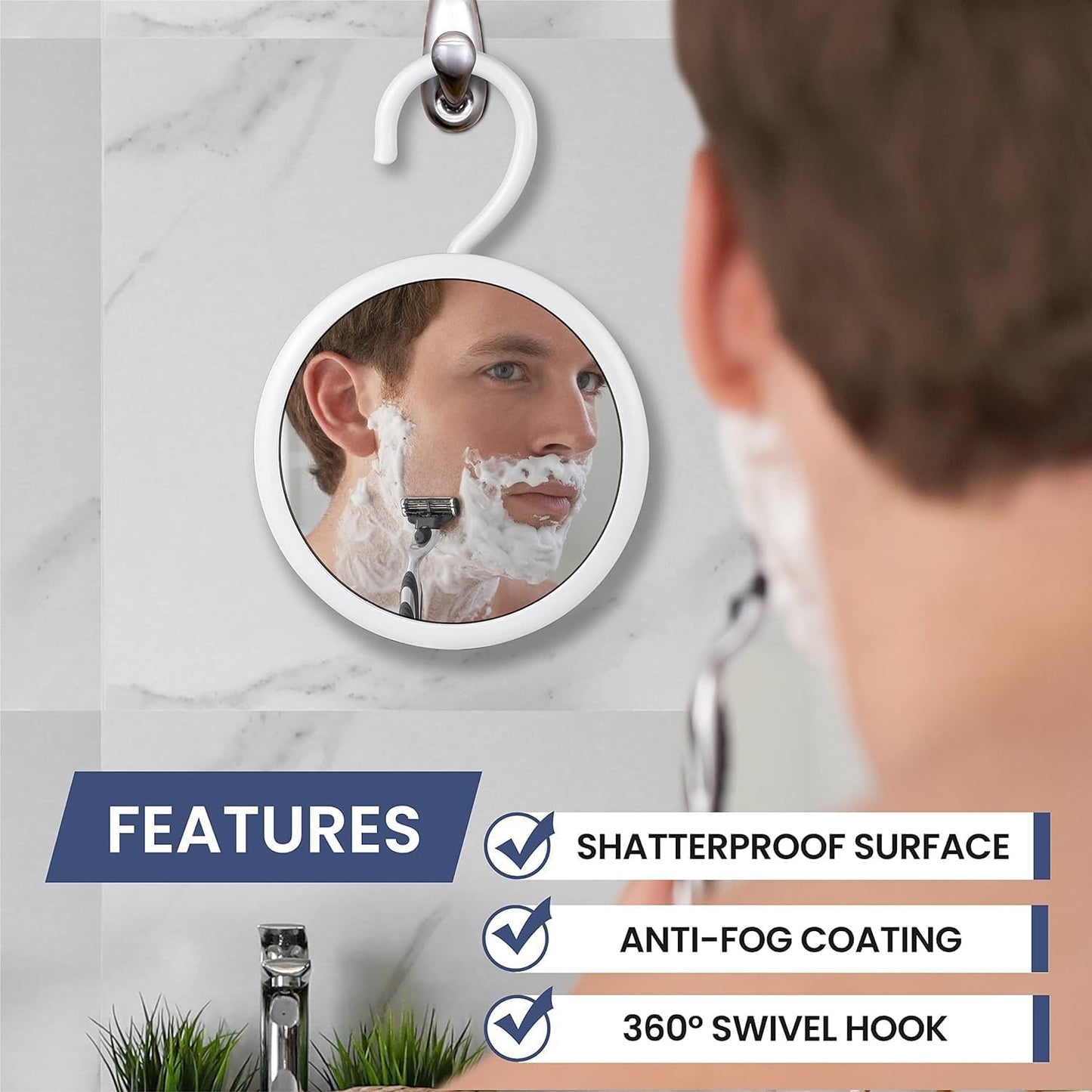 Hangable Round Fogless Shower Shaving Mirror, 6.7" Diameter | Anti Fog Shatterproof Mirror with 360° Swivel Rotatable Hook for Hanging; Hangs on Showerhead, Towel Rack, Caddies, or Rods