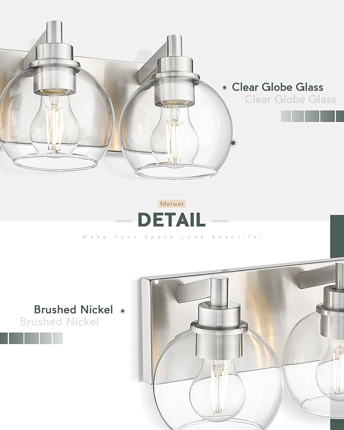 METWET Bathroom Light Fixtures, 3-Light Brushed Nickel Vanity Light, Modern - Image 3