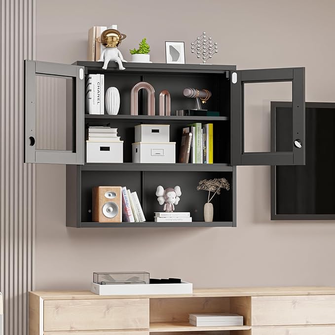 VINGLI Metal Wall Cabinet with Locking Glass Doors, Adjustable Shelf, Wall - Image 2