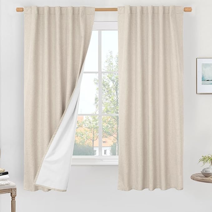 LAMIT 100% Blackout Linen Curtains 63 Inch Length, Linen Textured Thermal by LAMIT