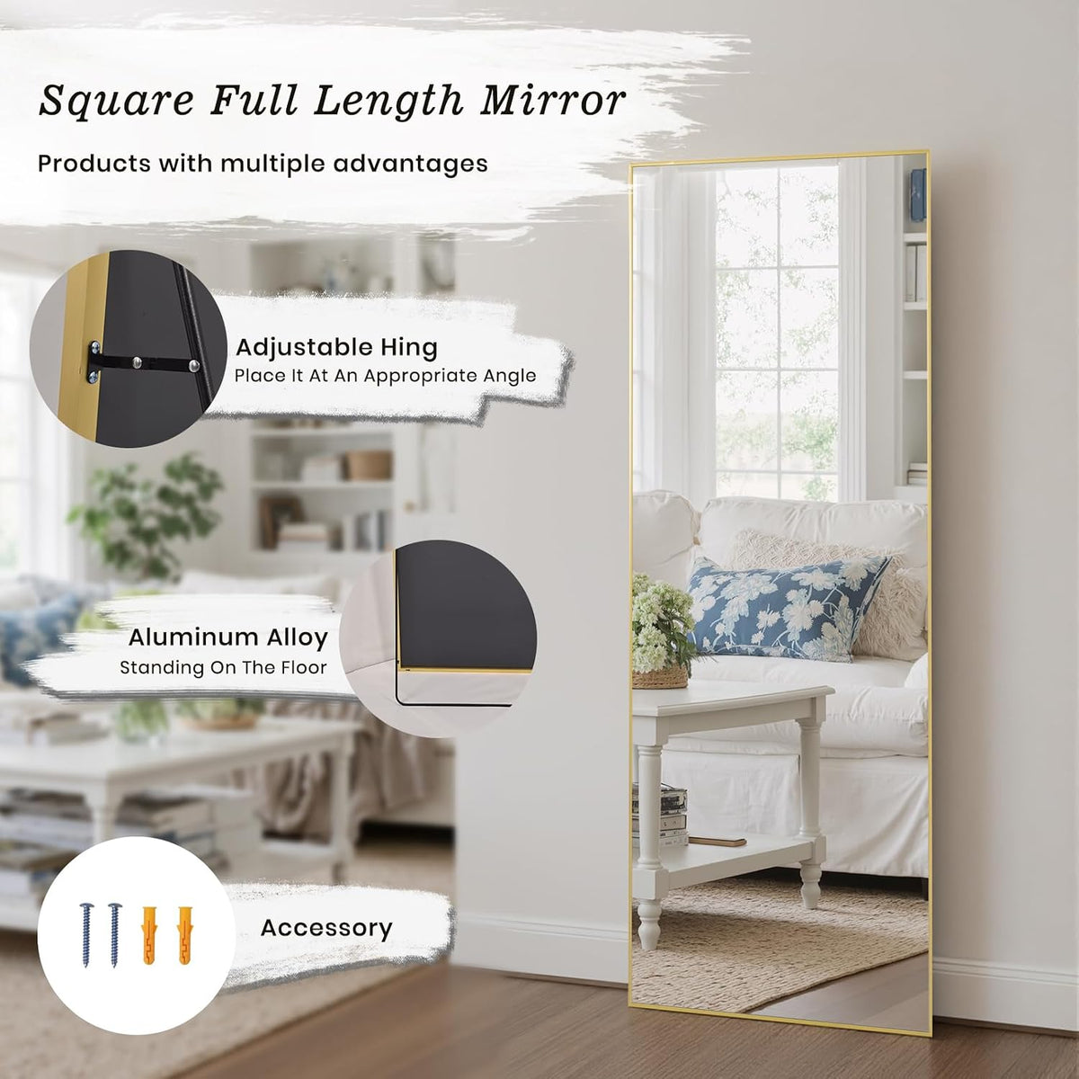 Anpark Gold Rectangle Oversized Mirror Full Length with Stand 26" x 71" Large Full Body Dressing Standing Floor Mirror for Bedroom Wall Mounted Mirror for Living Room Home Decor