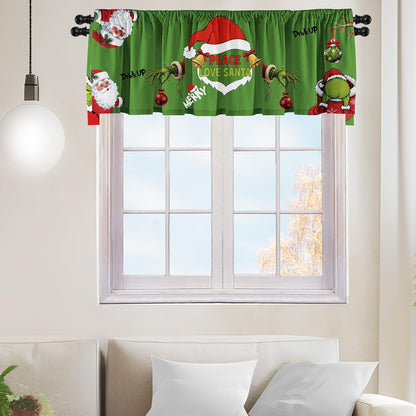 Christmas Holiday Kitchen Curtain Valances Green Xmas Window Valances with Rod Pocket - Short Curtains for Bathroom and Laundry Decoration - 52x18 inch