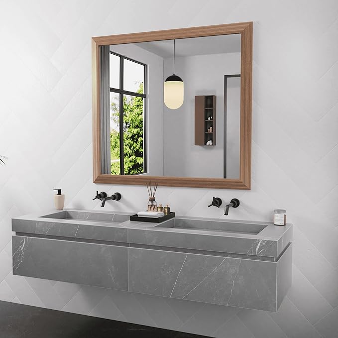 Amorho Bathroom Mirror, 40x36 Inch Wall Mirror, Walnut Wood Grain Metal Framed by Amorho