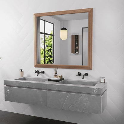 Amorho Bathroom Mirror, 40x36 Inch Wall Mirror, Walnut Wood Grain Metal Framed by Amorho