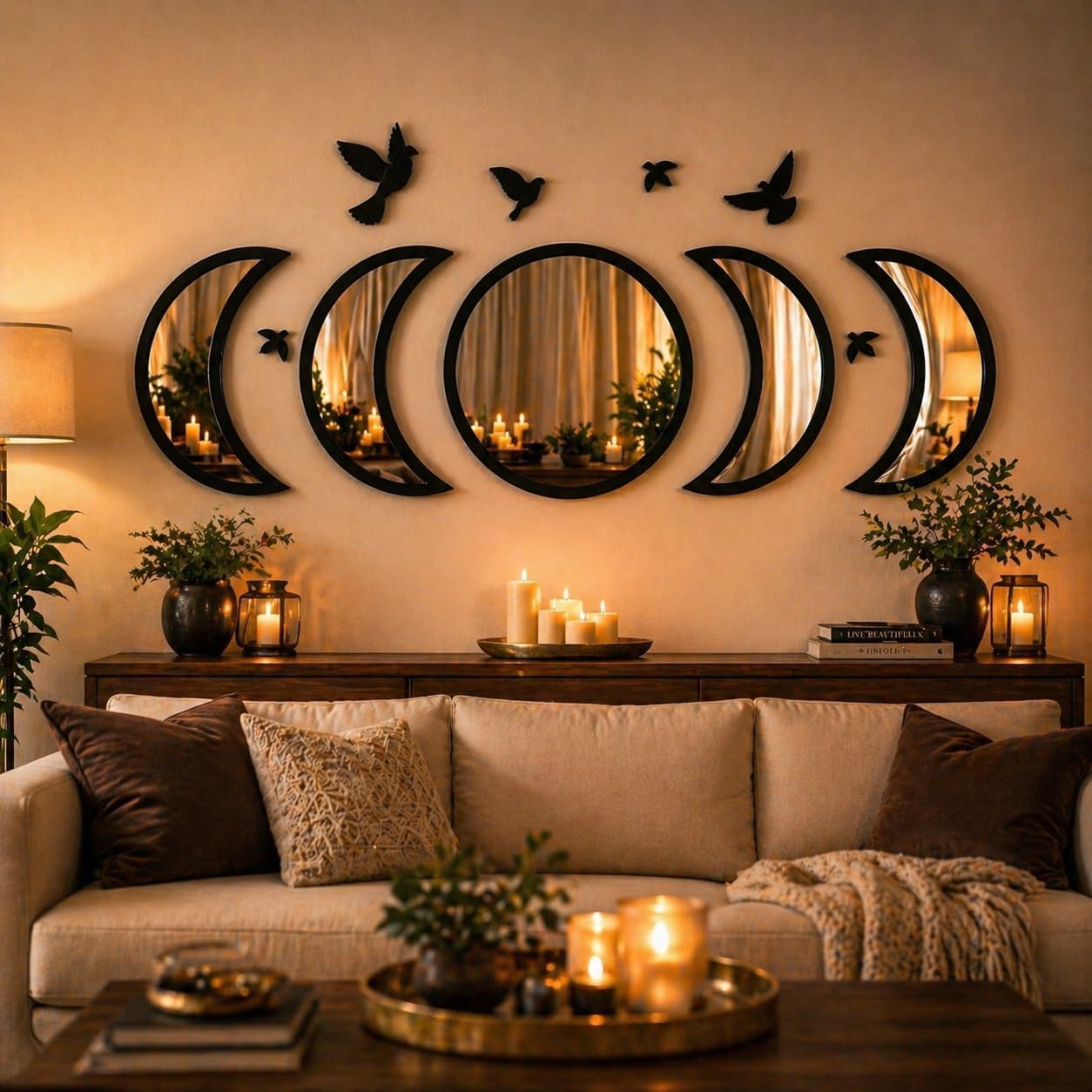 NESHE Moon Phase Mirror Wall Decor Set with Birds | Gothic Witchy Boho Wall Mirror Decor | Scandinavian Aesthetic Home Decor for Bedroom Living Room (Black)