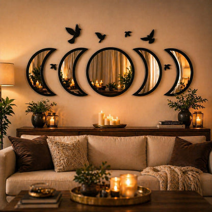 NESHE Moon Phase Mirror Wall Decor Set with Birds | Gothic Witchy Boho Wall Mirror Decor | Scandinavian Aesthetic Home Decor for Bedroom Living Room (Black)
