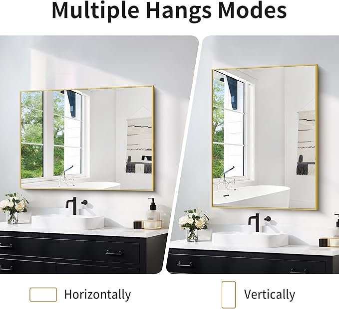 30x40In Gold Bathroom Mirror for Wall, Brushed Gold Rectangle Mirrors - Image 6