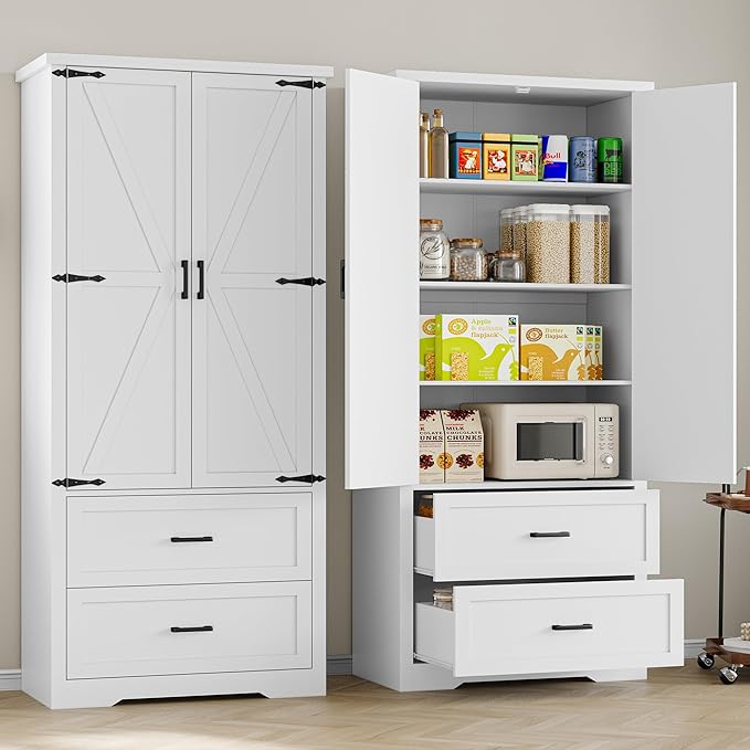 Pantry Organizers and Storage Cabinet, 71” Barn Door White Kitchen Cabinet - Image 4