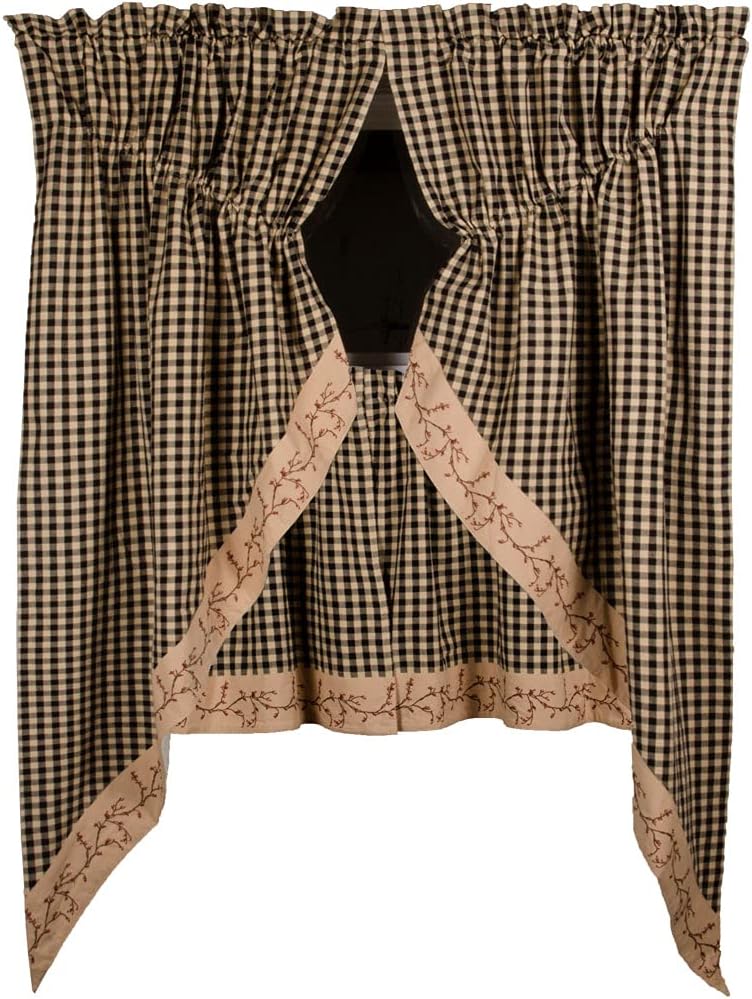 Berry Vine Check Black and Nutmeg 72" x 24" Lined Cotton Curtain Tiers