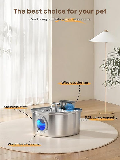 Voluas Cat Water Fountain Stainless Steel: 108oz/3.2L Wireless Cat Fountain - Image 2