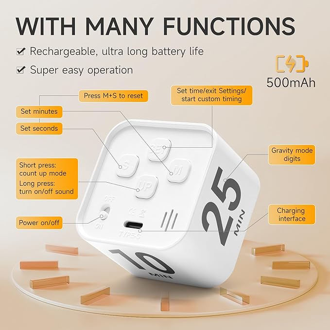 Rotating Productivity Timer 5, 50 Minutes Preset, Desk Cube w/Gravity Sensor - Image 4