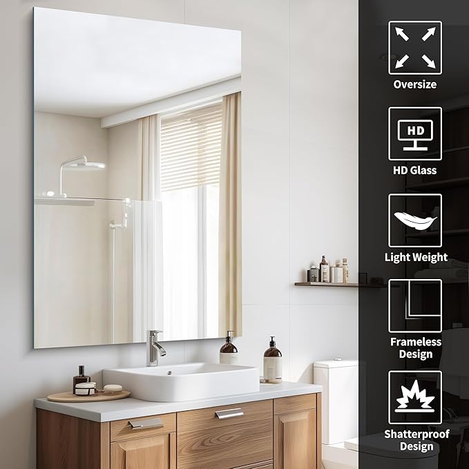 CILIBER Large Frameless Mirror, 55x36 Frameless Bathroom Mirrors - Image 5
