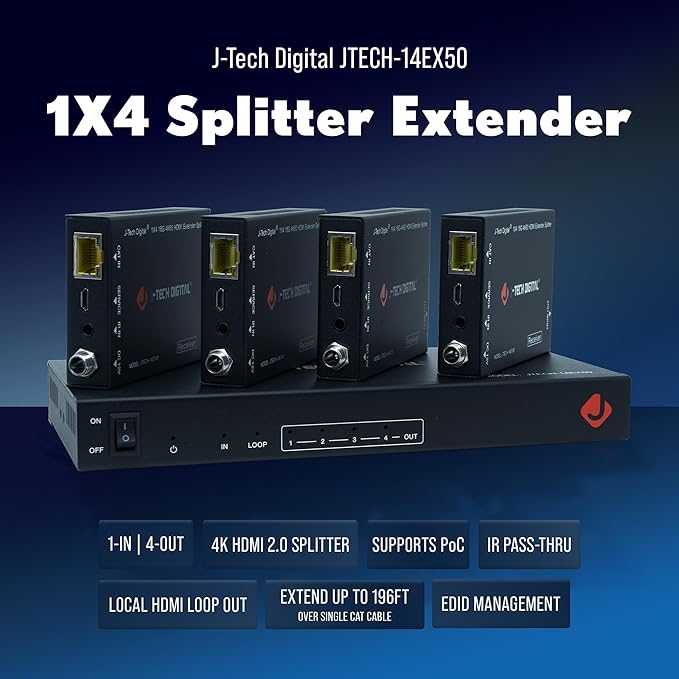 J-Tech Digital HDMI 2.0 4K 1x4 Splitter Extender Over Single Cable CAT6 - Image 3