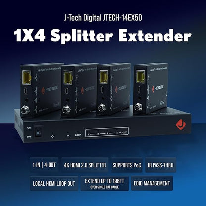 J-Tech Digital HDMI 2.0 4K 1x4 Splitter Extender Over Single Cable CAT6 - Image 3
