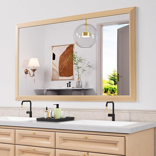 Amorho Bathroom Mirror, 60 X36 Inch Wall Mirror, Oak Wood Grain Metal Framed by Amorho